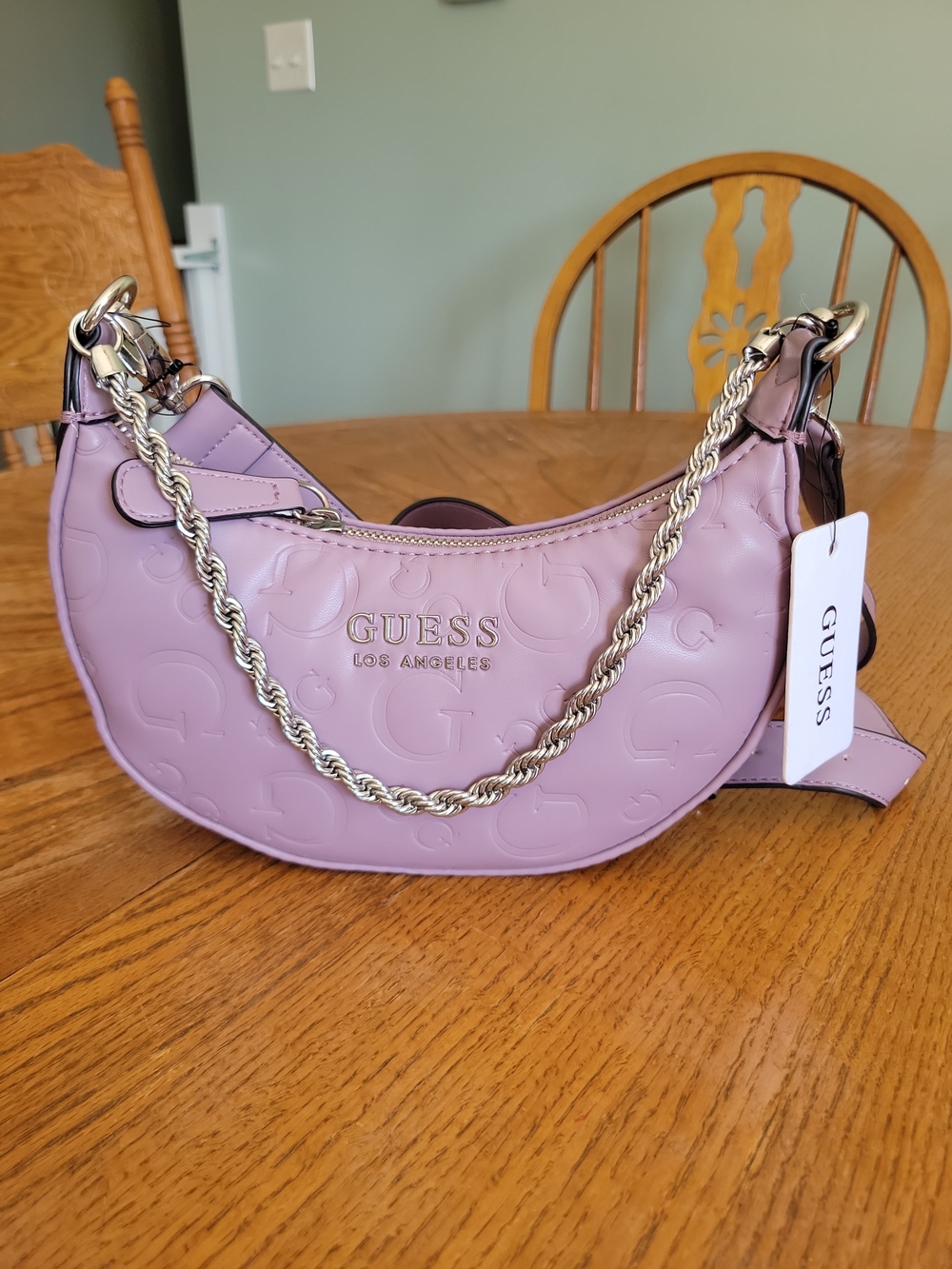 GUESS Los Angeles Lilac Crescent Shoulder Bag with Gold Chain